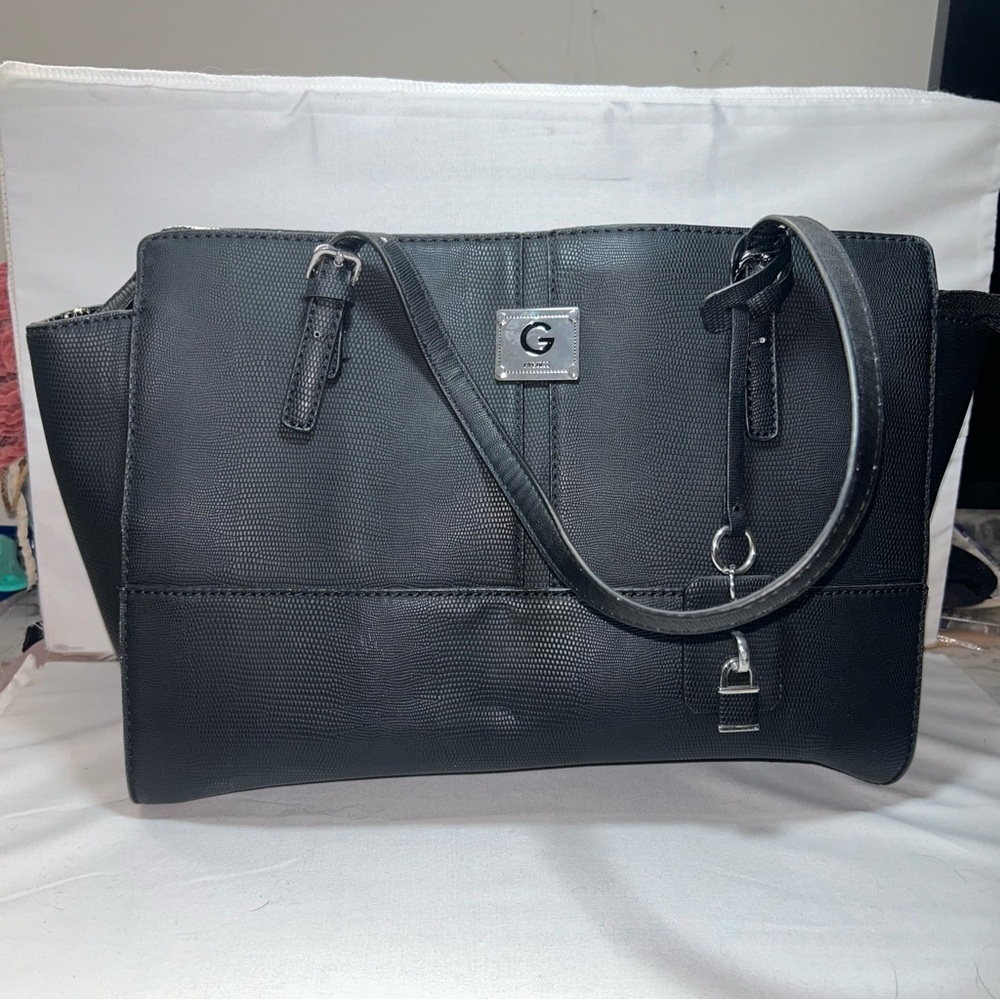 G by Guess Purse Black Leather Tote Bag over the shoulder Silver Accents